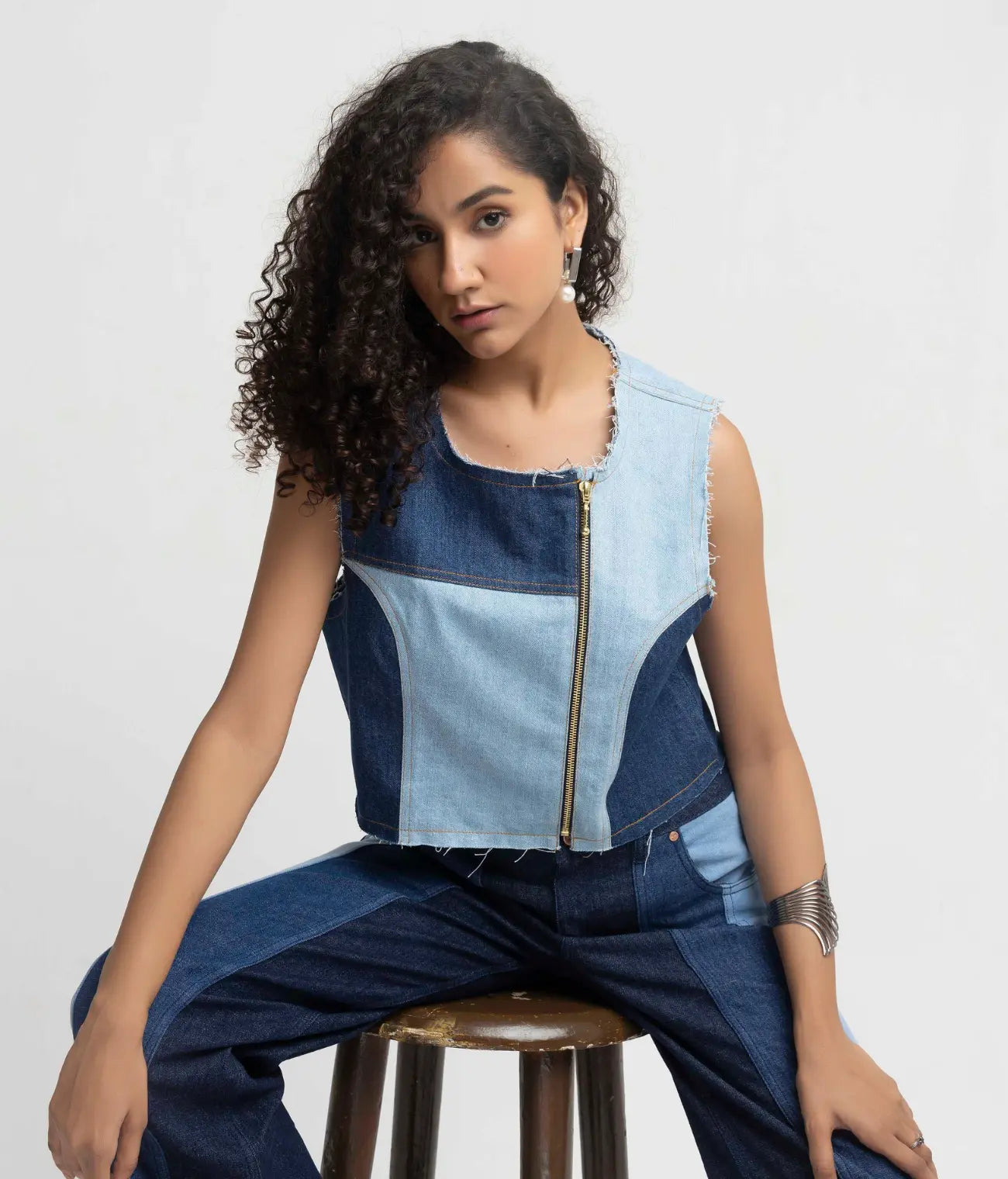 Denim Panelled Crop-Top