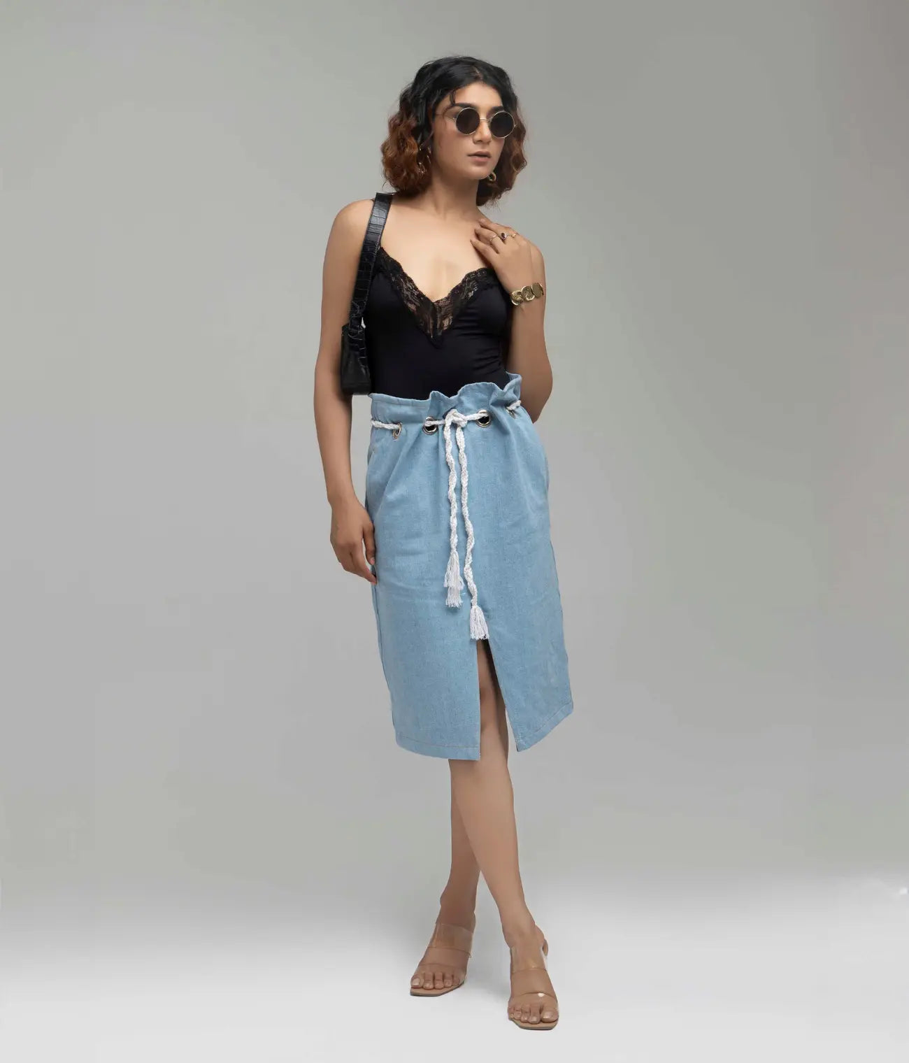Paper Bag Denim Skirt With Rope Tie