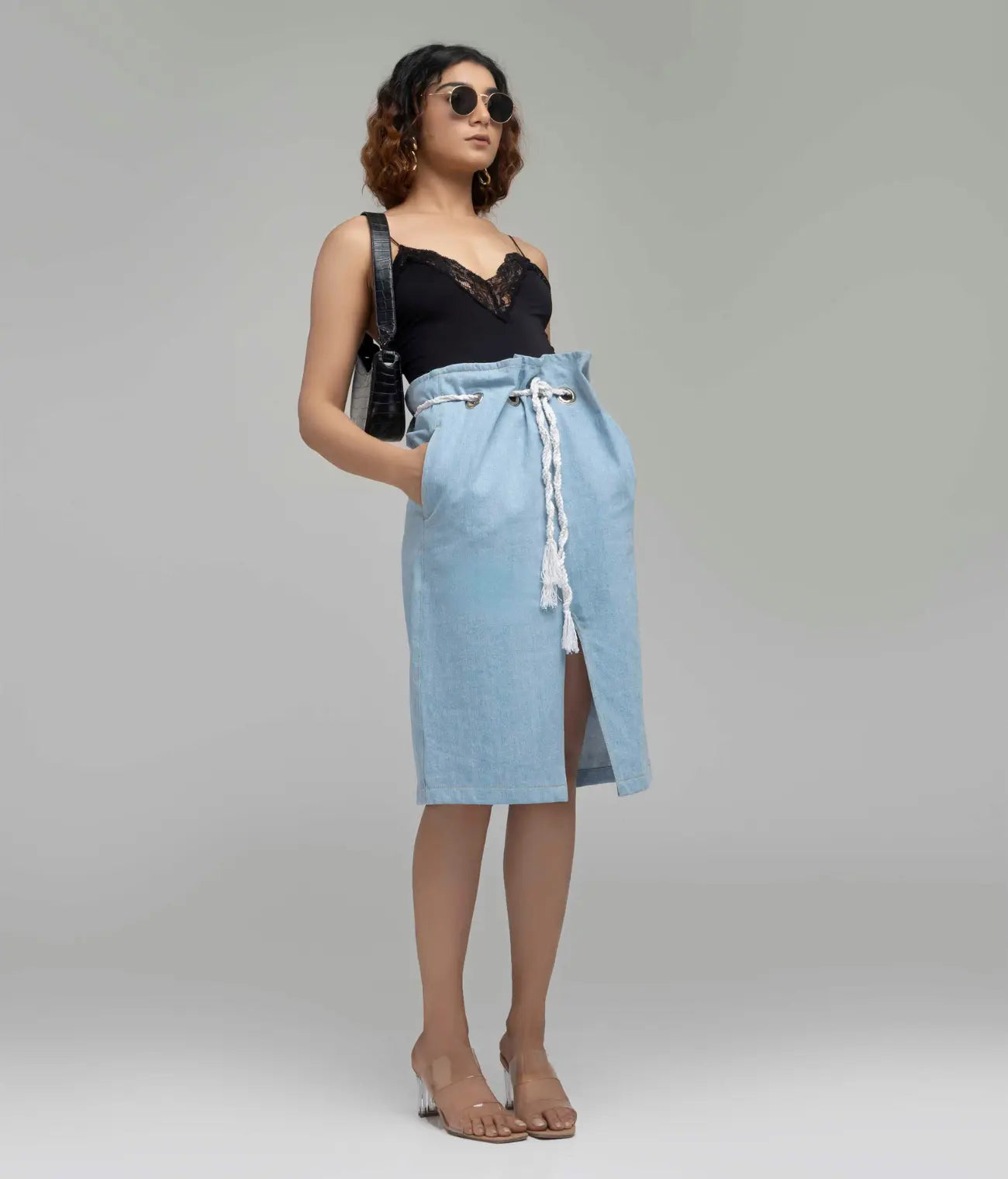 Paper Bag Denim Skirt With Rope Tie