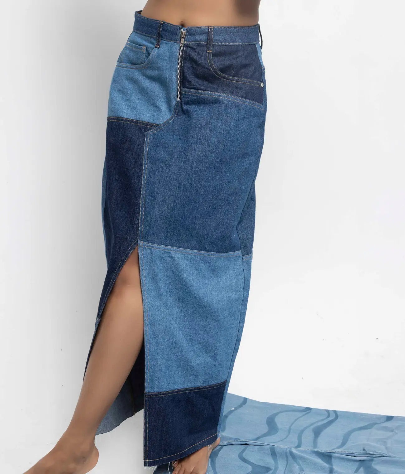 Denim Panel Front Slit Long Skirt
