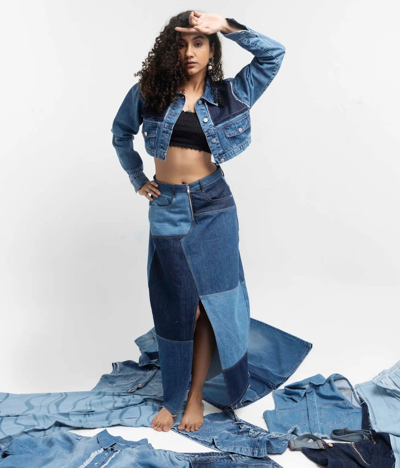 Denim Panel Front Slit Long Skirt